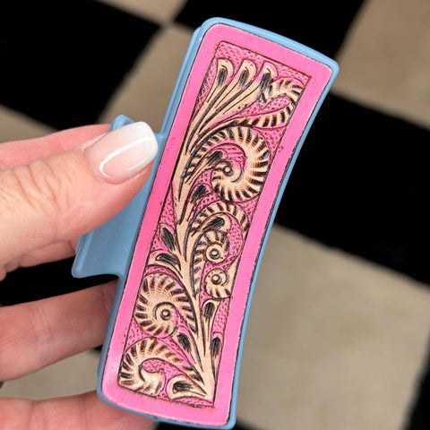 Tooled Leather Large Claw Clip, Hair Clip, Hair Claw Clip Pink & Blue Gifts for Her Cowgirl Claw Clip Western Hair Clip