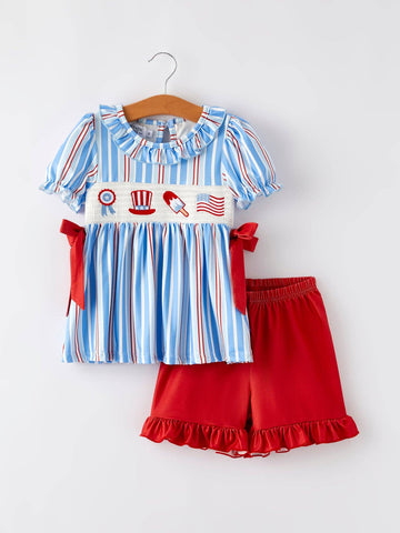4th of july Toddler Girls Ice Cream Striped Smocking Embroidered Set