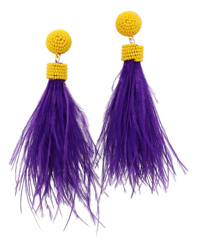 Yellow Beaded Post & Yellow Bead Purple Feathers Earrings
