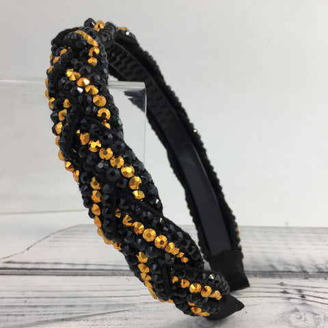 Black and gold rhinestone braided headband 