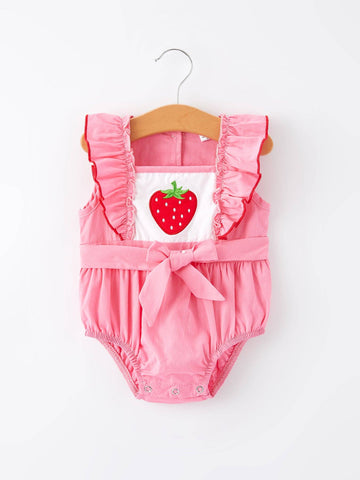 Strawberry Applique Flying Sleeves Girls' Romper