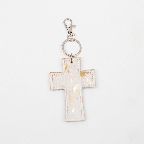 Cross Speckled Metallic Hide Keychain Clip   White/Gold   4"