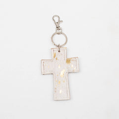 Cross Speckled Metallic Hide Keychain Clip   White/Gold   4"