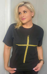 GOLD CROSS BLACK FAITH FALL COZY GRAPHIC TEE FREE SHIP