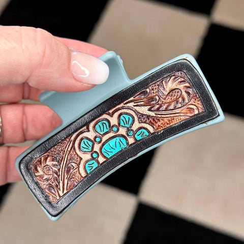 Tooled Leather Claw Clip, Hair Clip, Hair Claw Clip Gifts for Her Cowgirl Claw Clip Western Hair Clip Turquoise Squash Hair Clip