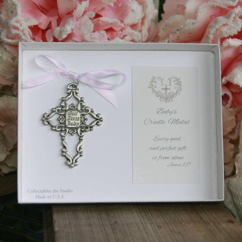 Baby Cradle Medal God Bless Baby Cross for Girl