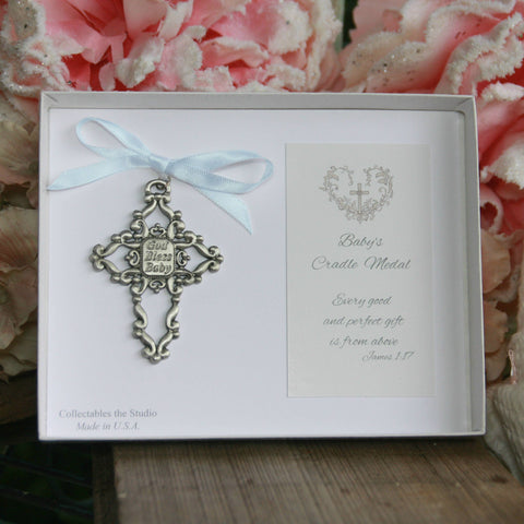 Baby Cradle Medal God Bless Baby Cross for Boy
