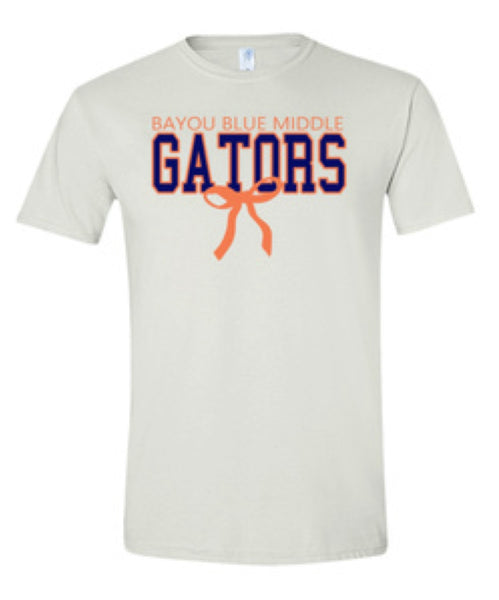 Bayou Blue Middle Gators with orange bow on white tee