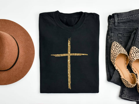 GOLD CROSS BLACK FAITH FALL COZY GRAPHIC TEE FREE SHIP