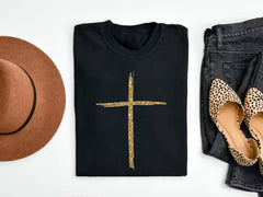 GOLD CROSS BLACK FAITH FALL COZY GRAPHIC TEE FREE SHIP