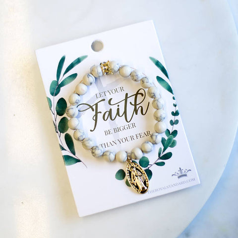 Faith Over Fear Bracelet   White Howlite/Gold   7"