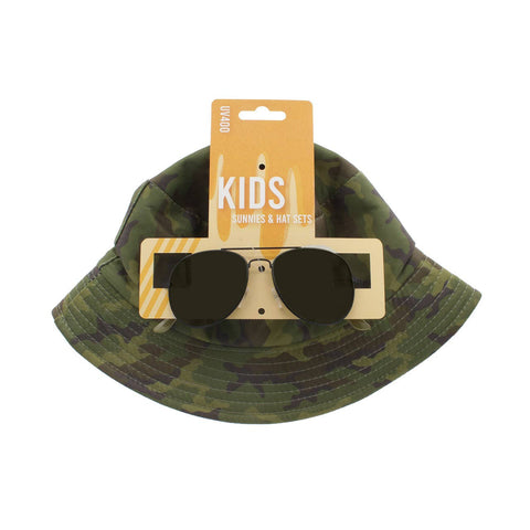 Kids Sunglasses Aviator Style with Camo Print Bucket Hat NEW
