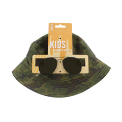 Kids Sunglasses Aviator Style with Camo Print Bucket Hat NEW