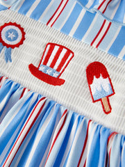 4th of july Toddler Girls Ice Cream Striped Smocking Embroidered Set