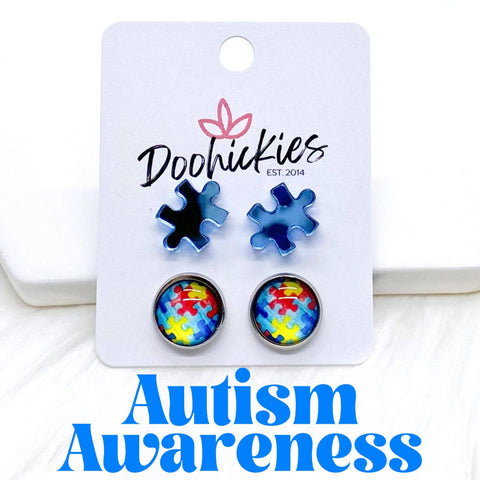 12mm Mirror Puzzle & Autism Awareness in Stainless -Earrings